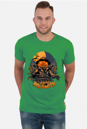 Straszna postać dyniogłowego stracha na wróble i upiorny napis Happy Halloween - kruki - nietoperze - grafika - komiks - męska koszulka