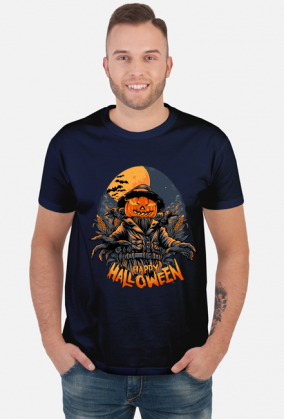 Straszna postać dyniogłowego stracha na wróble i upiorny napis Happy Halloween - kruki - nietoperze - grafika - komiks - męska koszulka