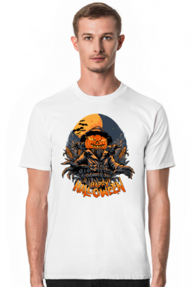 Straszna postać dyniogłowego stracha na wróble i upiorny napis Happy Halloween - kruki - nietoperze - grafika - komiks - męska koszulka