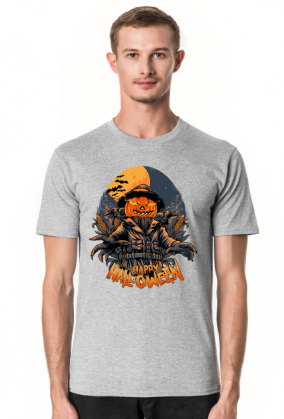 Straszna postać dyniogłowego stracha na wróble i upiorny napis Happy Halloween - kruki - nietoperze - grafika - komiks - męska koszulka
