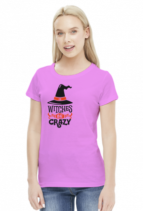 Witches Be Crazy - zabawny napis - kapelusz - Halloween - grafika - komiks - damska koszulka