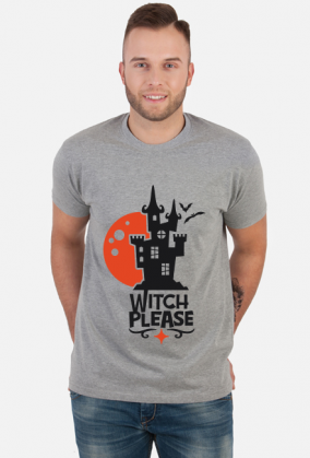 Witch Please - zabawny napis - zamek - nietoperze - Halloween - grafika - komiks - męska koszulka