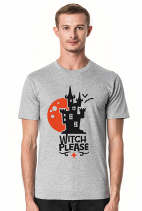 Witch Please - zabawny napis - zamek - nietoperze - Halloween - grafika - komiks - męska koszulka