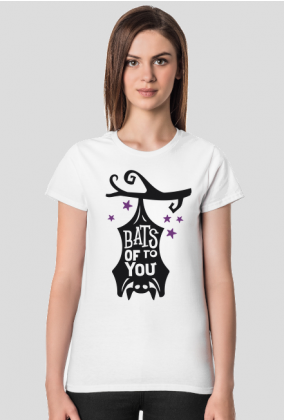 Bats Of To You - zabawny napis - nietoperz - Halloween - gwiazdy - gałąź - grafika - komiks - damska koszulka