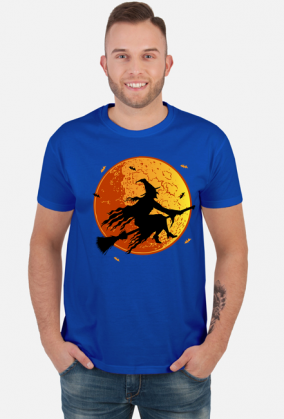Czarownica / Wiedźma na miotle - księżyc w pełni - nietoperz - Halloween - sylwetka - humor - grafika - komiks - męska koszulka