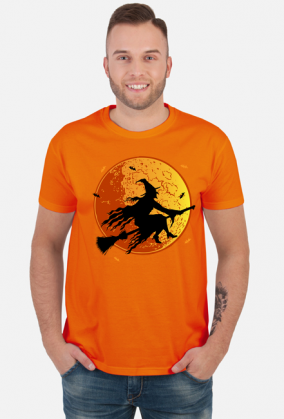Czarownica / Wiedźma na miotle - księżyc w pełni - nietoperz - Halloween - sylwetka - humor - grafika - komiks - męska koszulka