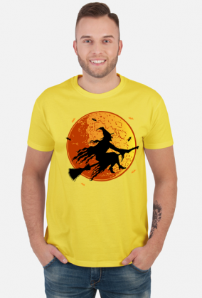 Czarownica / Wiedźma na miotle - księżyc w pełni - nietoperz - Halloween - sylwetka - humor - grafika - komiks - męska koszulka