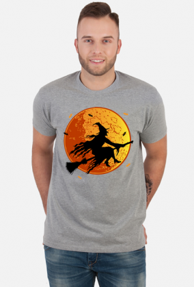 Czarownica / Wiedźma na miotle - księżyc w pełni - nietoperz - Halloween - sylwetka - humor - grafika - komiks - męska koszulka