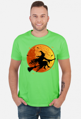 Czarownica / Wiedźma na miotle - księżyc w pełni - nietoperz - Halloween - sylwetka - humor - grafika - komiks - męska koszulka