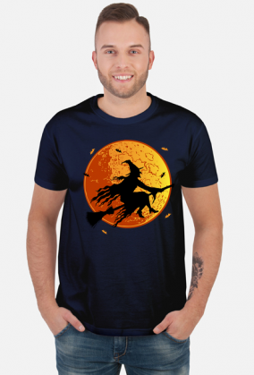 Czarownica / Wiedźma na miotle - księżyc w pełni - nietoperz - Halloween - sylwetka - humor - grafika - komiks - męska koszulka