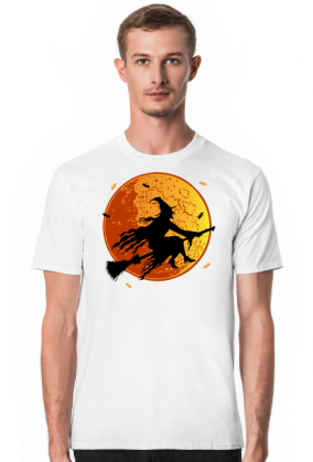 Czarownica / Wiedźma na miotle - księżyc w pełni - nietoperz - Halloween - sylwetka - humor - grafika - komiks - męska koszulka
