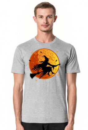 Czarownica / Wiedźma na miotle - księżyc w pełni - nietoperz - Halloween - sylwetka - humor - grafika - komiks - męska koszulka