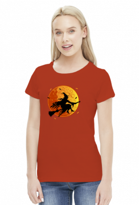 Czarownica / Wiedźma na miotle - księżyc w pełni - nietoperz - Halloween - sylwetka - humor - grafika - komiks - damska koszulka