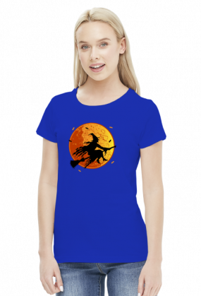 Czarownica / Wiedźma na miotle - księżyc w pełni - nietoperz - Halloween - sylwetka - humor - grafika - komiks - damska koszulka