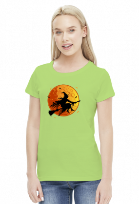 Czarownica / Wiedźma na miotle - księżyc w pełni - nietoperz - Halloween - sylwetka - humor - grafika - komiks - damska koszulka
