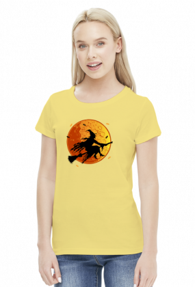 Czarownica / Wiedźma na miotle - księżyc w pełni - nietoperz - Halloween - sylwetka - humor - grafika - komiks - damska koszulka