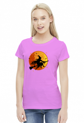 Czarownica / Wiedźma na miotle - księżyc w pełni - nietoperz - Halloween - sylwetka - humor - grafika - komiks - damska koszulka