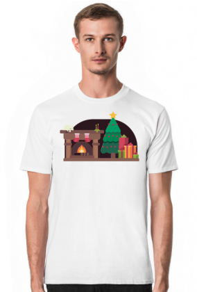Świąteczna atmosfera - choinka - skarpeta - śnieg - prezenty - kominek - kot - Boże Narodzenie - męska koszulka