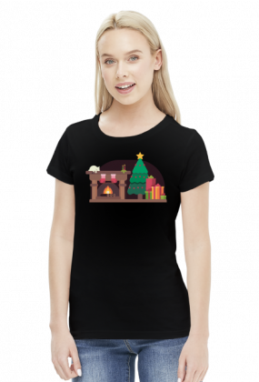 Świąteczna atmosfera - choinka - skarpeta - śnieg - prezenty - kominek - kot - Boże Narodzenie - damska koszulka