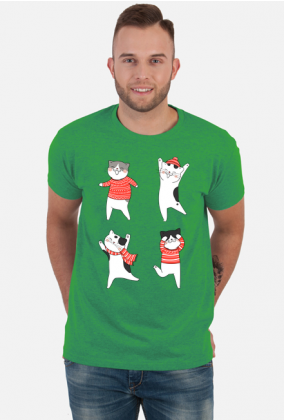 Tańczące koty w świątecznych ubraniach sweter - szalik - czapka - Boże Narodzenie - męska koszulka