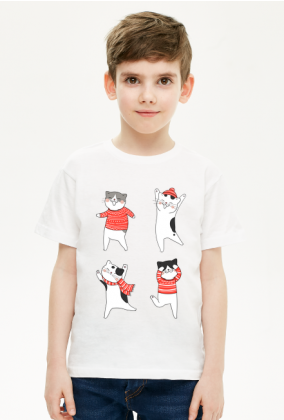 Tańczące koty w świątecznych ubraniach sweter - szalik - czapka - Boże Narodzenie - chłopiec koszulka