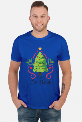 Choinka z bąbkami i gwiazdą oraz napis Merry Christmas - Boże Narodzenie - męska koszulka