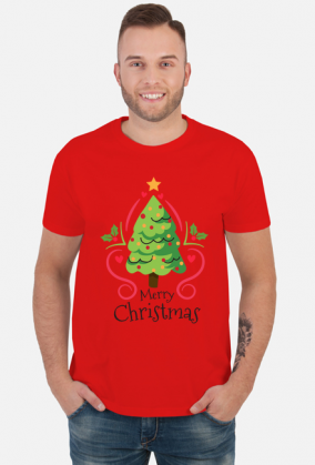 Choinka z bąbkami i gwiazdą oraz napis Merry Christmas - Boże Narodzenie - męska koszulka