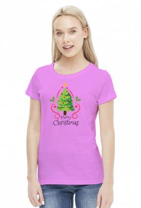 Choinka z bąbkami i gwiazdą oraz napis Merry Christmas - Boże Narodzenie - damska koszulka