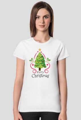 Choinka z bąbkami i gwiazdą oraz napis Merry Christmas - Boże Narodzenie - damska koszulka