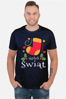 Skarpeta z gwiazdami i sercami oraz napis Wesołych Świąt - Boże Narodzenie - męska koszulka