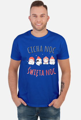 Urocze kotki w świątecznych czapkach. Napis Cicha Noc Święta Noc - Boże Narodzenie - Wigilia - śnieg - męska koszulka