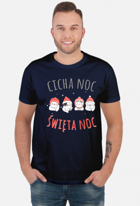 Urocze kotki w świątecznych czapkach. Napis Cicha Noc Święta Noc - Boże Narodzenie - Wigilia - śnieg - męska koszulka
