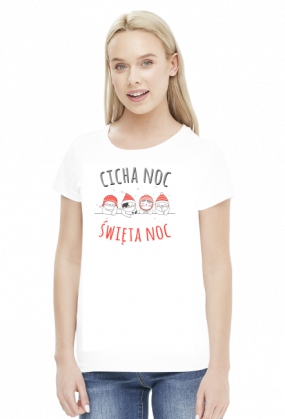 Urocze kotki w świątecznych czapkach. Napis Cicha Noc Święta Noc - Boże Narodzenie - Wigilia - śnieg - damska koszulka