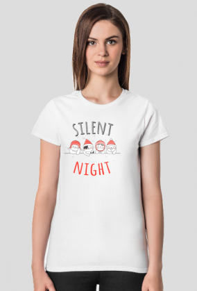 Urocze kotki w świątecznych czapkach. Napis Silent Night - Boże Narodzenie - Wigilia - śnieg - damska koszulka