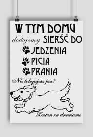 Plakat A2 - W tym domu, dodajemy sierść do: jedzenia, picia i prania. Nie tolerujesz psa? Zostań za drzwiami!