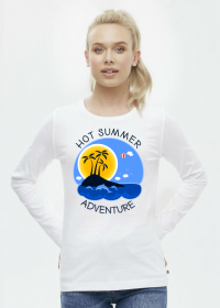 Koszulka damska biała z długim rękawem na wakacje i lato - Hot Summer Adventure