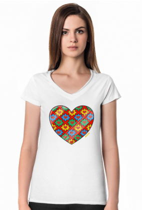 Serce Puzzle - Biała koszulka damska z dekoltem w serek