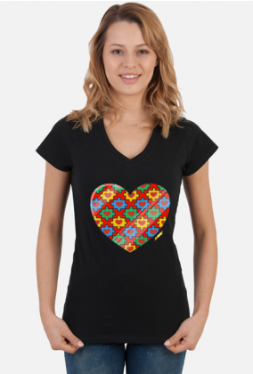 Serce Puzzle - Czarna koszulka damska z dekoltem w serek