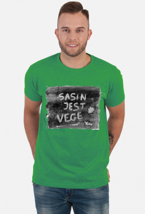 Sasin jest vege. Autorska grafika i hasło na koszulce.