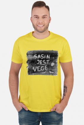 Sasin jest vege. Autorska grafika i hasło na koszulce.