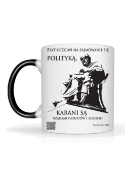 Platon 2020 kubek biały z czarnym uchem lewy