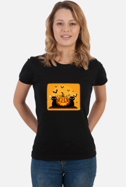 Halloween cats, czarne koty z dynią