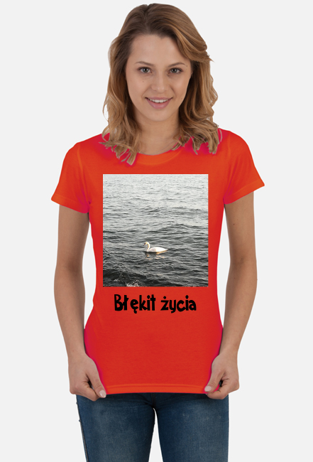 T-shirt damski z nadrukiem łabędzia i napisem "Błękit życia"