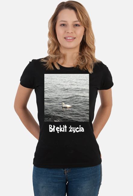 T-shirt damski z nadrukiem łabędzia i napisem "Błękit życia"