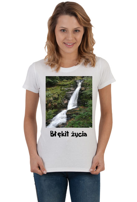 T-shirt damski z nadrukiem wodospadu i napisem "Błękit życia"