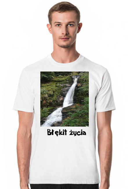 T-shirt męski z nadrukiem wodospadu i napisem "Błękit życia"