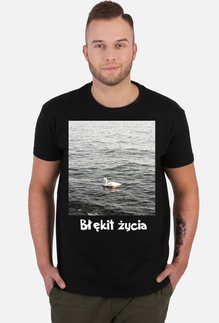 T-shirt męski z nadrukiem łabędzia i napisem "Błękit życia"