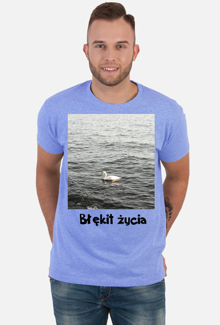 T-shirt męski z nadrukiem łabędzia i napisem "Błękit życia"
