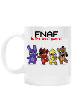 Kubeczek z wzorem fnafa i napisem ,,fnaf is the best game!''.