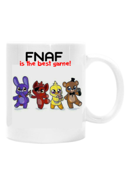 Kubeczek z wzorem fnafa i napisem ,,fnaf is the best game!''.